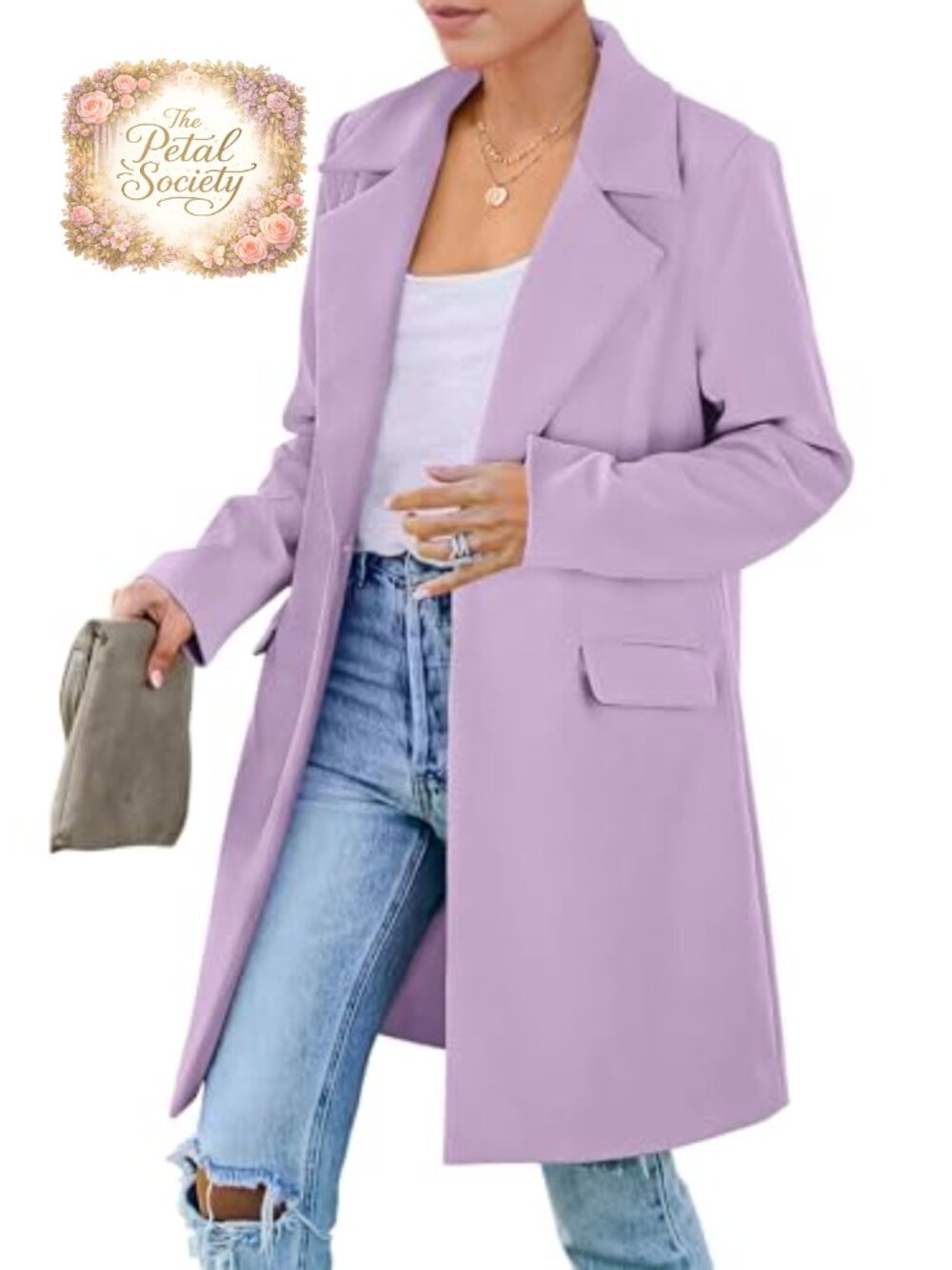 Women's Long Blazer Jacket Business Casual Loose Fit Polyester Blend
